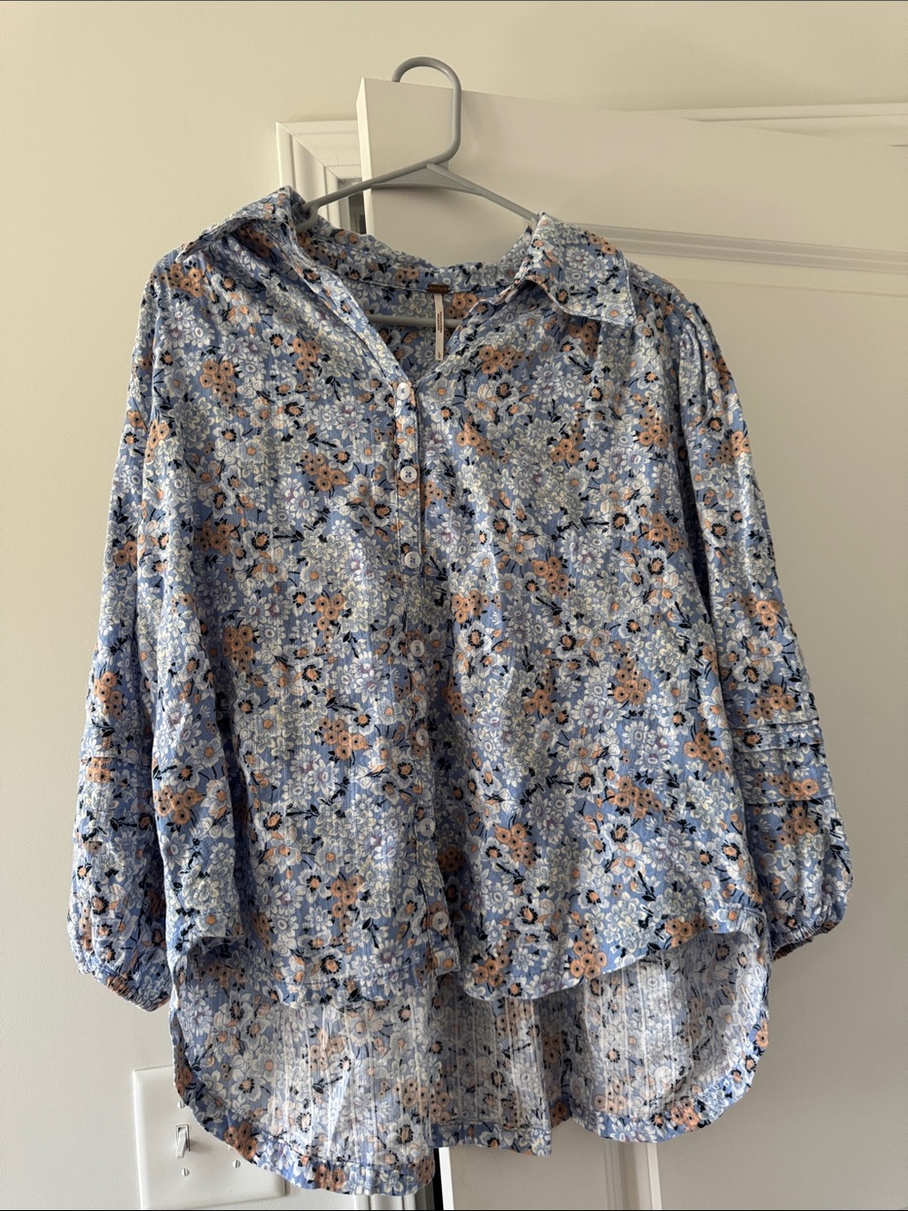 Free People Blue Floral Button-Down Shirt with Peach Accents